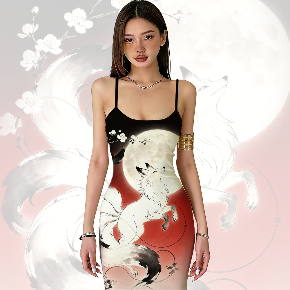 Nine Tailed Fox Moon Graphic Modakawa Gradient Slip Dress - image 1