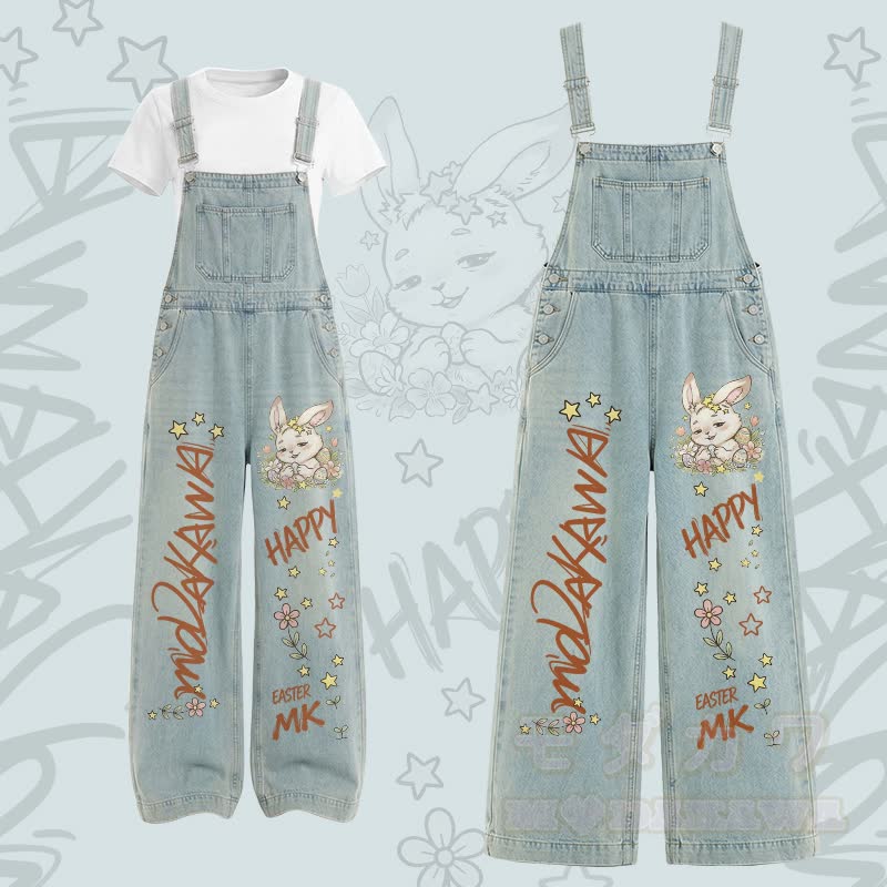 HAPPY Bunny Graphic U-Neck T-shirt Cargo Overalls Two Pieces Set - Set B - XL - image 2