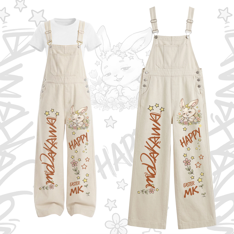 HAPPY Bunny Graphic U-Neck T-shirt Cargo Overalls Modakawa Two Pieces Set - Set A - XL - image 1