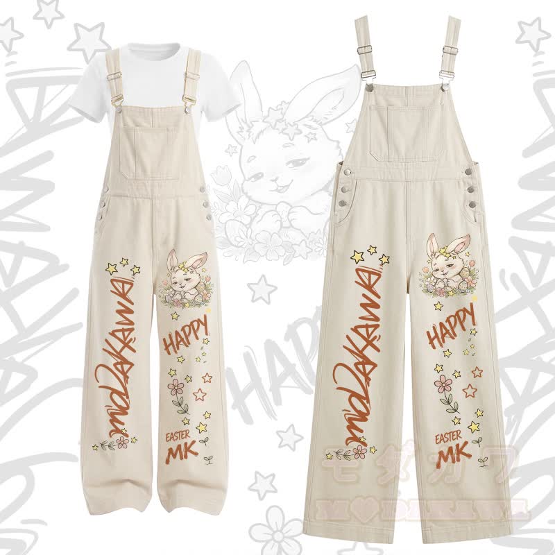 HAPPY Bunny Graphic U-Neck T-shirt Cargo Overalls Two Pieces Set - Set A - XL - image 1