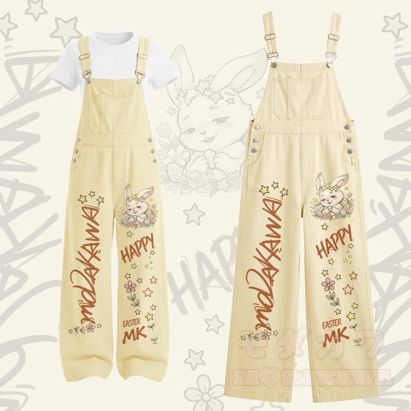 HAPPY Bunny Graphic U-Neck T-shirt Cargo Overalls Two Pieces Set - Set C - XL - image 3