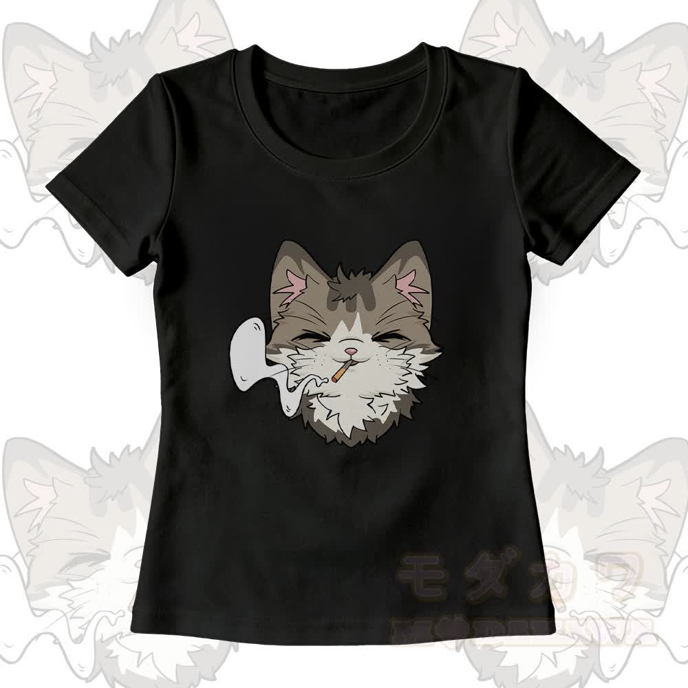 Smoking Cat Graphic U-Neck T-shirt Wide Leg Pants Matching Outfit - Black T-shirt - XL - image 4