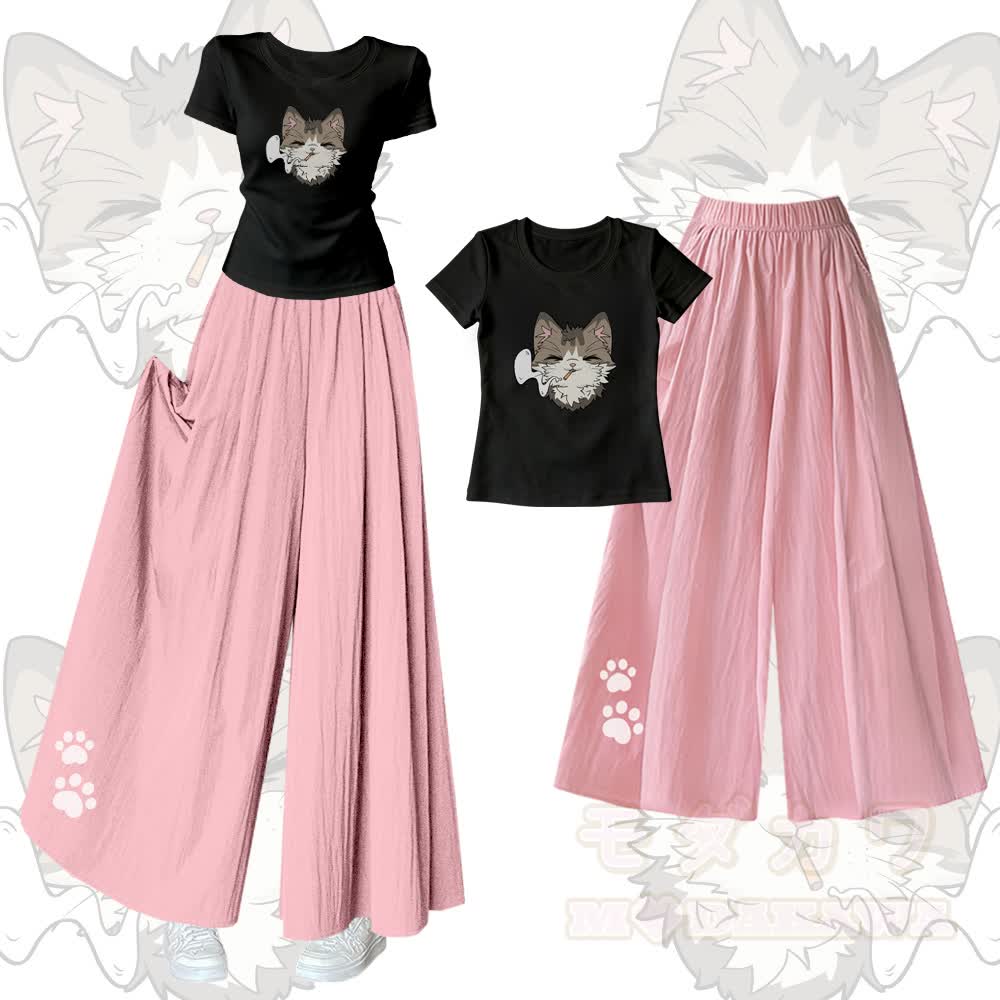 Smoking Cat Graphic U-Neck T-shirt Wide Leg Pants Matching Outfit - Set B - XL - image 2