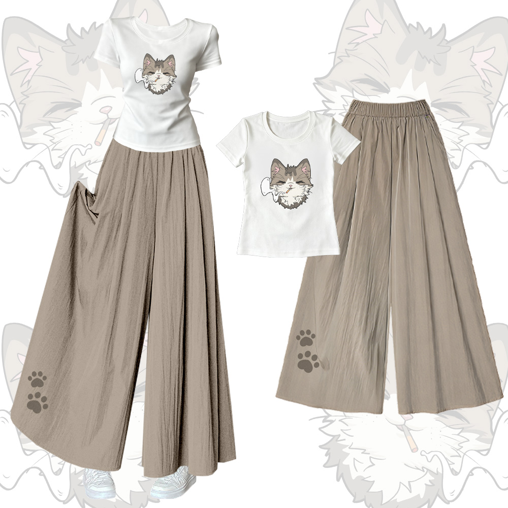 Smoking Cat Graphic U-Neck T-shirt Wide Leg Pants Modakawa Matching Outfit - Set A - XL - image 1