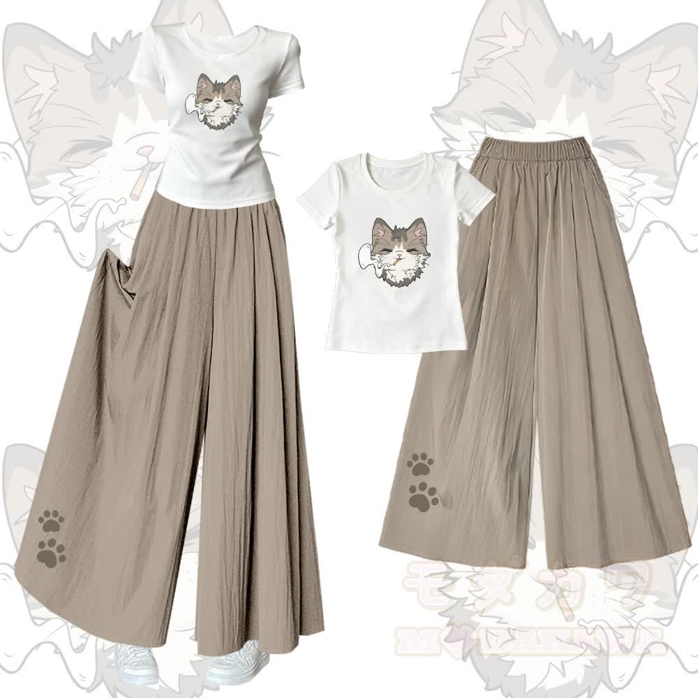 Smoking Cat Graphic U-Neck T-shirt Wide Leg Pants Matching Outfit - Set A - XL - image 1