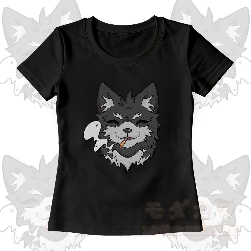 Smoking Wolf Graphic U-Neck T-shirt Wide Leg Pants Matching Outfit - Black T-shirt - XL - image 3