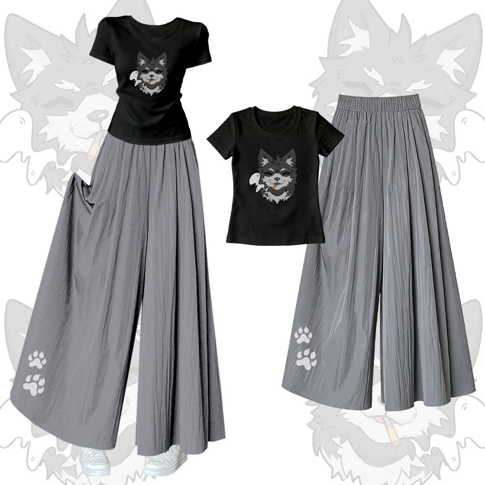 Koda Smoking Puppy Graphic U-Neck T-shirt Wide Leg Pants Modakawa Matching Outfit - Set A - XL - image 1