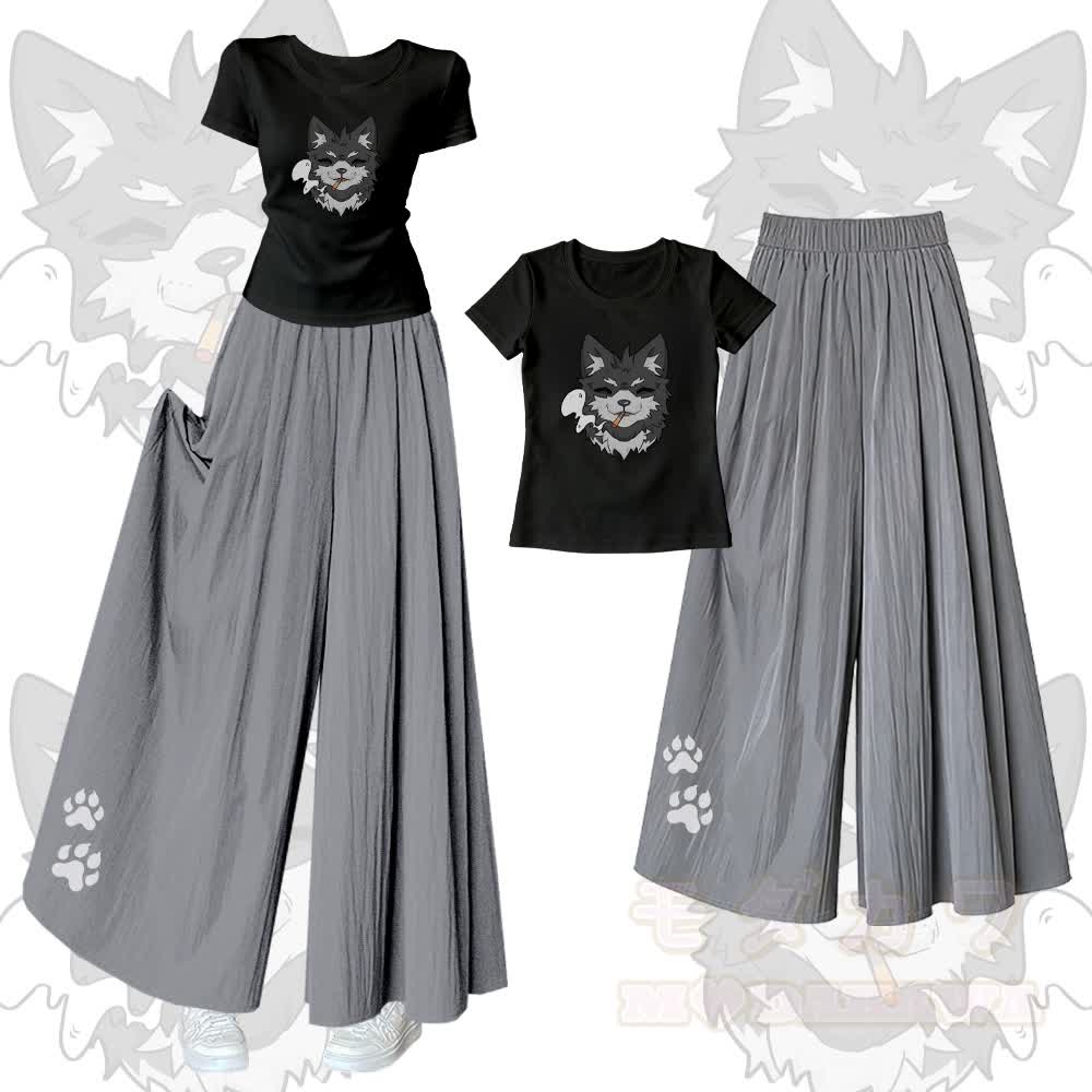 Smoking Wolf Graphic U-Neck T-shirt Wide Leg Pants Matching Outfit - Set A - XL - image 1