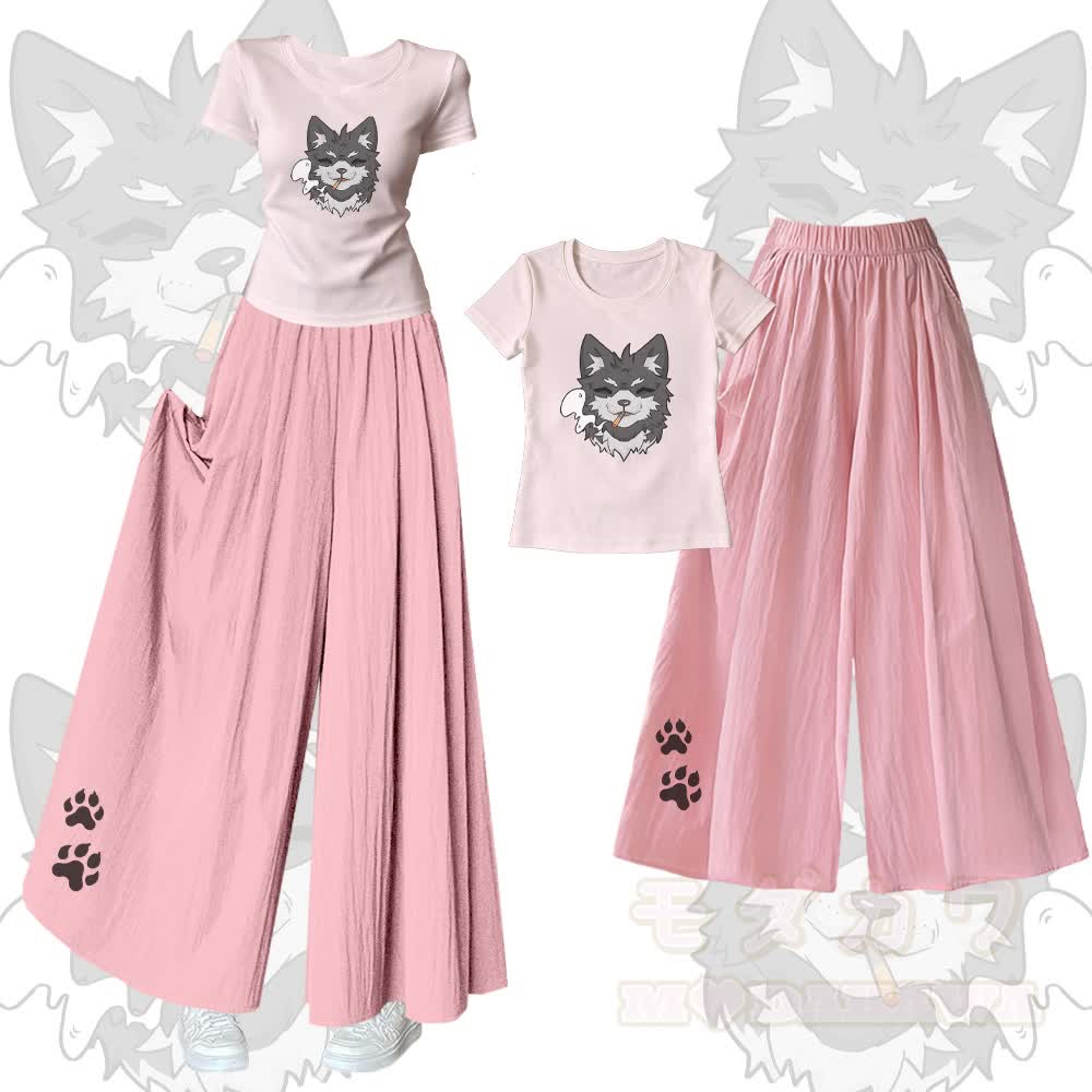 Smoking Wolf Graphic U-Neck T-shirt Wide Leg Pants Matching Outfit - Set B - XL - image 2