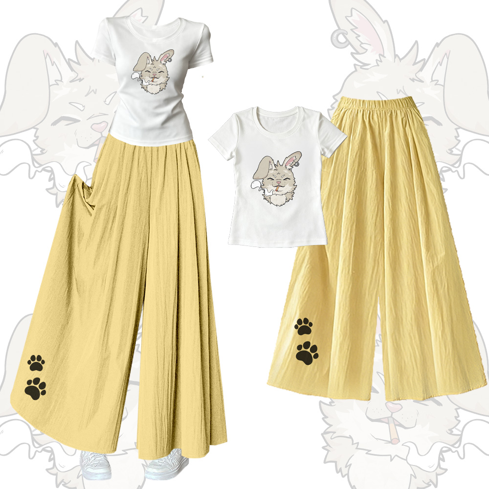 Nabi Smoking Puppy Graphic U-Neck T-shirt Wide Leg Pants Modakawa Matching Outfit - Set A - XL - image 1