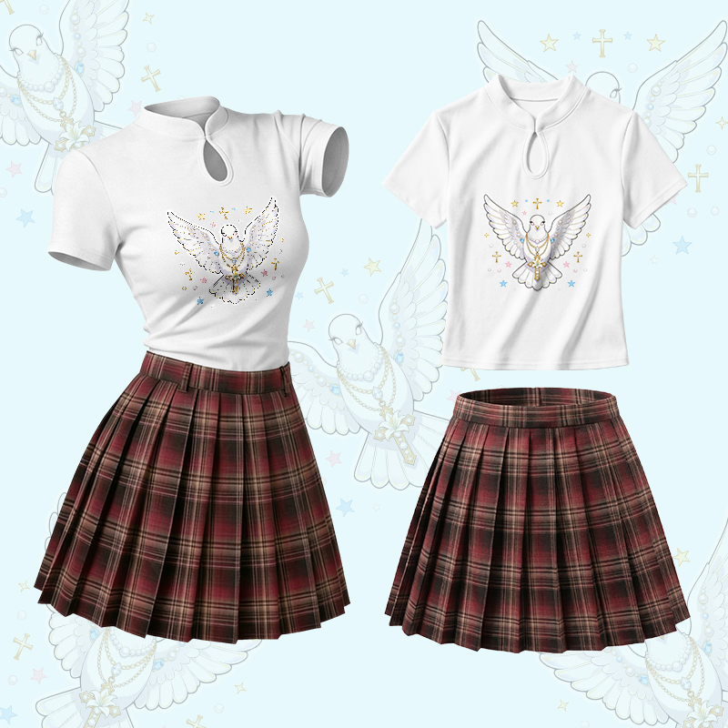 Holy Dove Cross Graphic Vintage Buckle T-shirt Plaid Skirt Modakawa Two Pieces Set - Set A - L - image 1