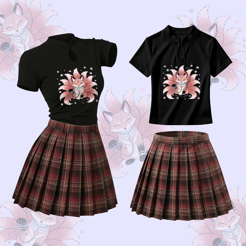 Nine Tailed Fox Graphic Vintage Buckle T-shirt Plaid Skirt Modakawa Two Pieces Set - Set A - L - image 1