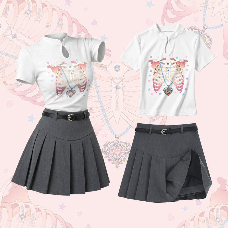 Sternum Necklace Graphic Vintage Buckle T-shirt Plaid Skirt Modakawa Two Pieces Set - Set A - L - image 1
