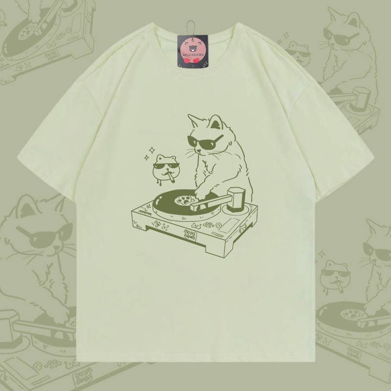 DJ Cat Graphic Modakawa 100% Cotton T-shirt - Milky Green - 5XL - image 1