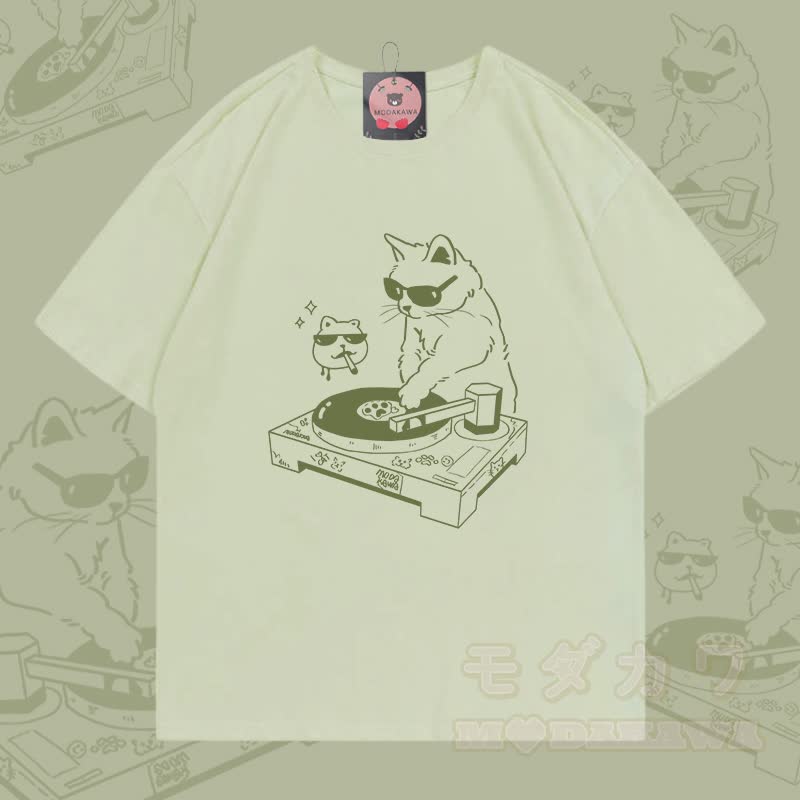 DJ Cat Graphic Modakawa 100% Cotton T-shirt - Milky Green - 5XL - image 1