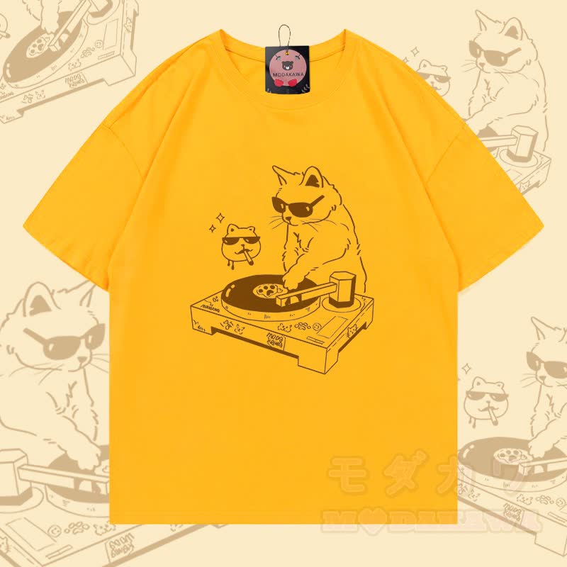 DJ Cat Graphic Modakawa 100% Cotton T-shirt - Bright Yellow - 5XL - image 3