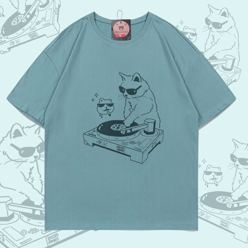 DJ Cat Graphic Modakawa 100% Cotton T-shirt - Mineral Green - 5XL - image 2