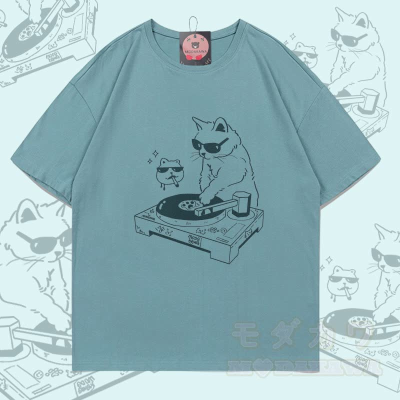 DJ Cat Graphic Modakawa 100% Cotton T-shirt - Mineral Green - 5XL - image 2