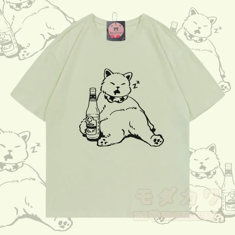 Sleeping Cat Graphic Modakawa 100% Cotton T-shirt - Milky Green - 5XL - image 2