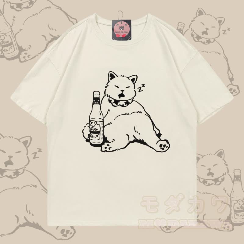 Sleeping Cat Graphic Modakawa 100% Cotton T-shirt - Light Beige - 5XL - image 1