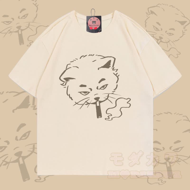 Smoking Cat Graphic Modakawa 100% Cotton T-shirt - Apricot - 5XL - image 1