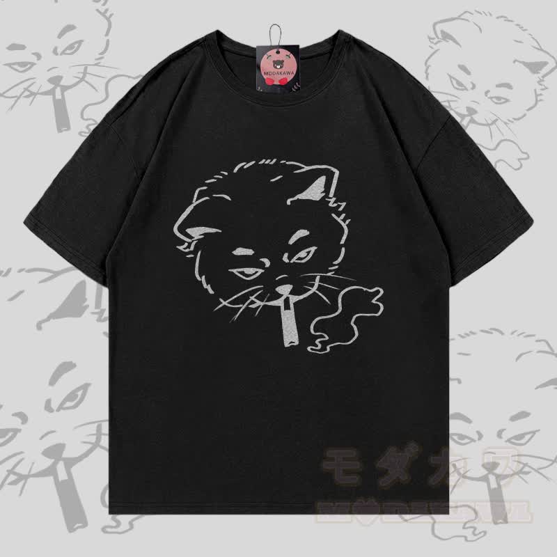 Smoking Cat Graphic Modakawa 100% Cotton T-shirt - Black - 5XL - image 3