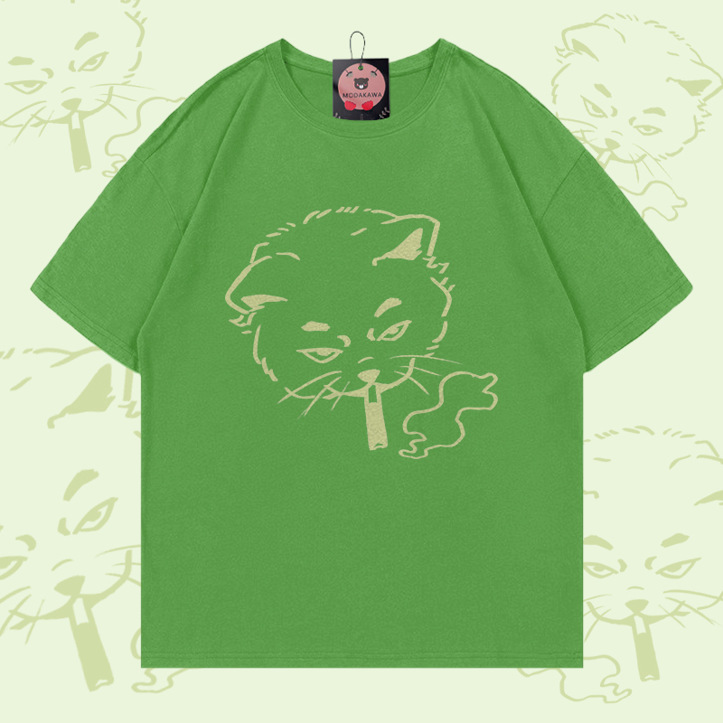 Smoking Cat Graphic Modakawa 100% Cotton T-shirt - Green - 5XL - image 2