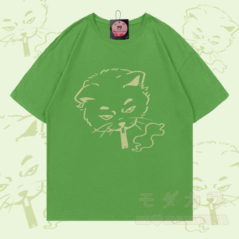 Smoking Cat Graphic Modakawa 100% Cotton T-shirt - Green - 5XL - image 2