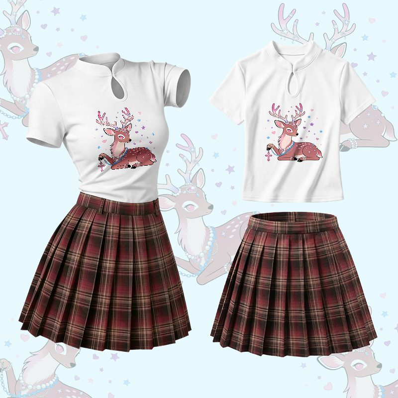 Deer Graphic Vintage Buckle T-shirt Plaid Skirt Modakawa Two Pieces Set - Set A - L - image 1