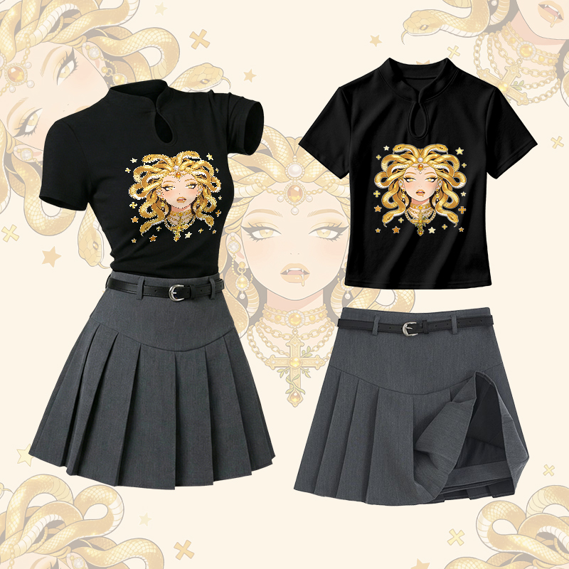 Medusa Snake Goddess Graphic Vintage Buckle T-shirt Plaid Skirt Modakawa Two Pieces Set - Set A - L - image 1