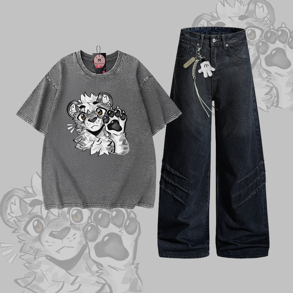 MODAKAWA X atka Tiger Paw Graphic Vintage Washed 100% Cotton T-shirt Denim Pants Two Pieces Set - Set A - 2XL - image 1