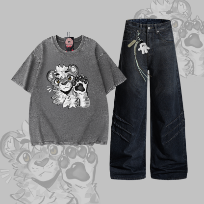 MODAKAWA X atka Tiger Paw Graphic Vintage Washed 100% Cotton T-shirt Denim Pants Two Pieces Set - Set A - 2XL - image 1