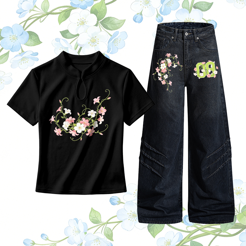 Flower Number Graphic Buckle T-shirt Denim Pants Modakawa Two Pieces Set - Set A - L - image 1