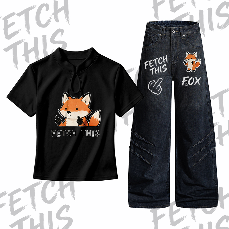 ETCH THIS Fox Graphic Buckle T-shirt Denim Pants Modakawa Two Pieces Set - Set A - L - image 1