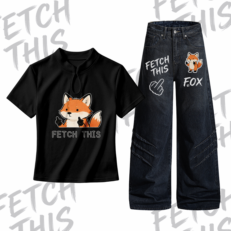 ETCH THIS Fox Graphic Buckle T-shirt Denim Pants Modakawa Two Pieces Set - Set A - L - image 1