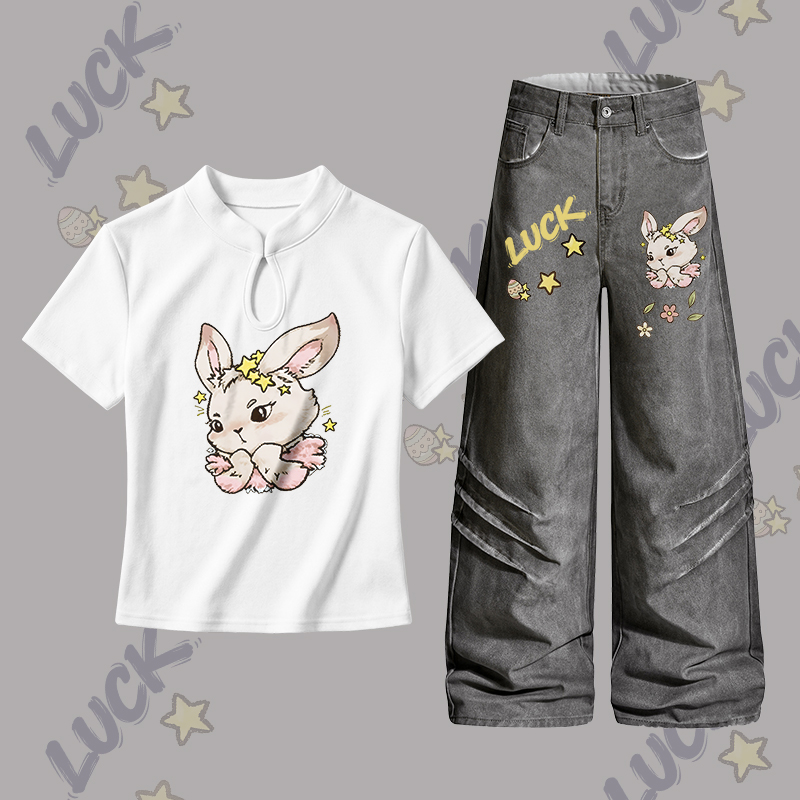 Bunny Easter Graphic Buckle T-shirt Denim Pants Modakawa Two Pieces Set - Set A - L - image 1