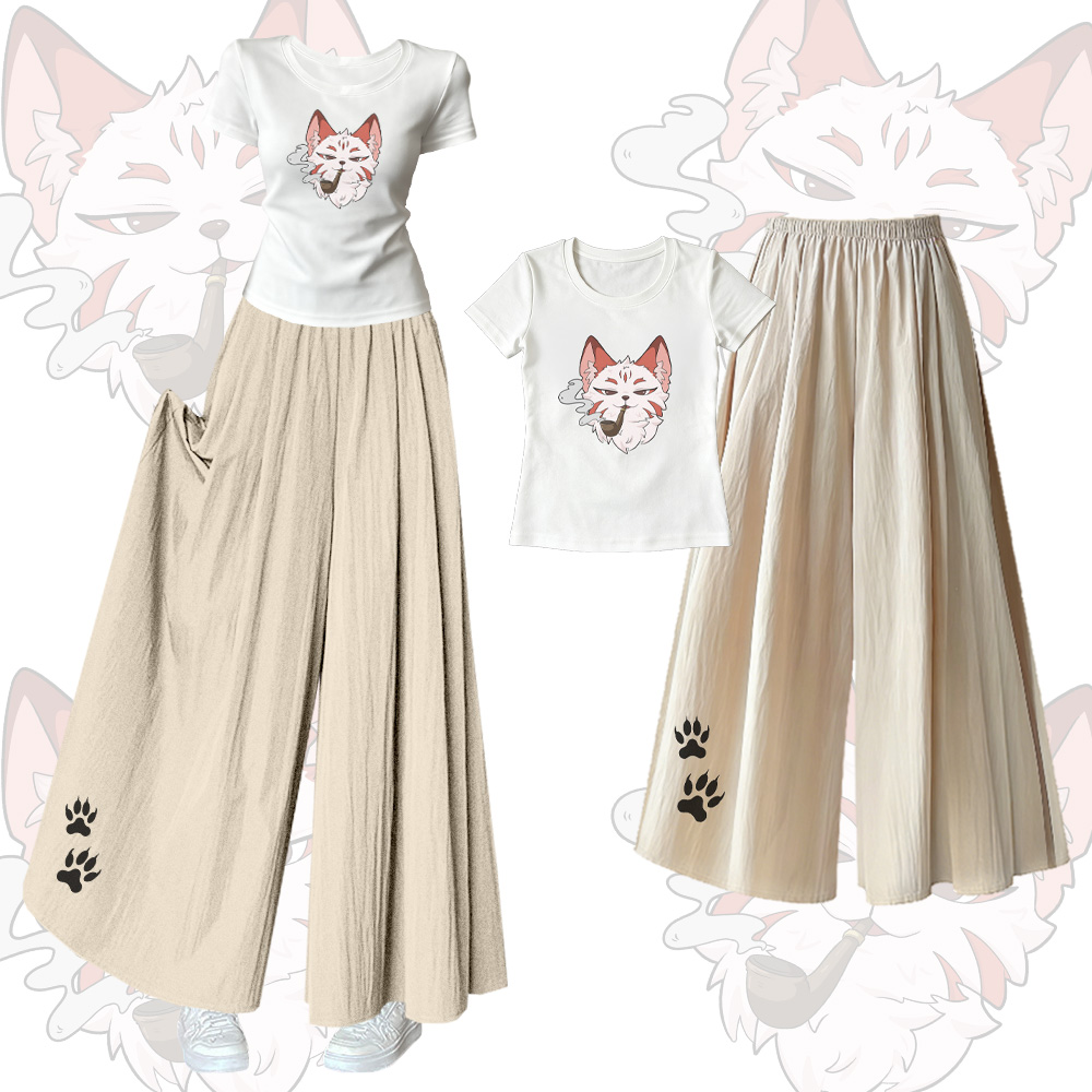 Smoking Fox Graphic U-Neck T-shirt Wide Leg Pants Modakawa Matching Outfit - Set A - XL - image 1