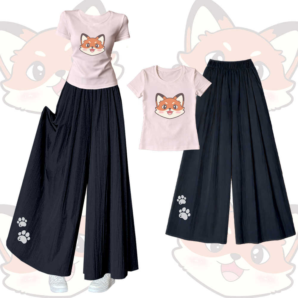 Fox Graphic U-Neck T-shirt Wide Leg Pants Modakawa Matching Outfit - Set B - XL - image 2
