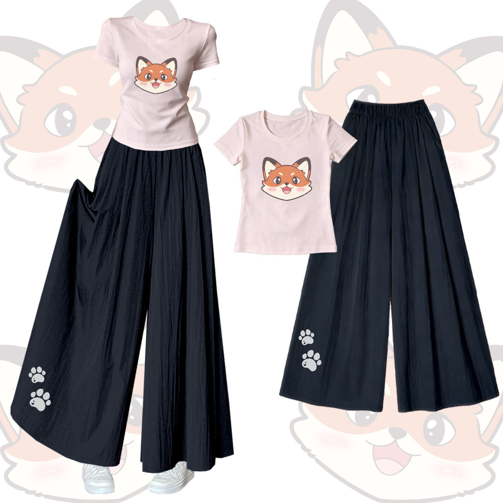 Fox Graphic U-Neck T-shirt Wide Leg Pants Modakawa Matching Outfit - Set B - XL - image 2