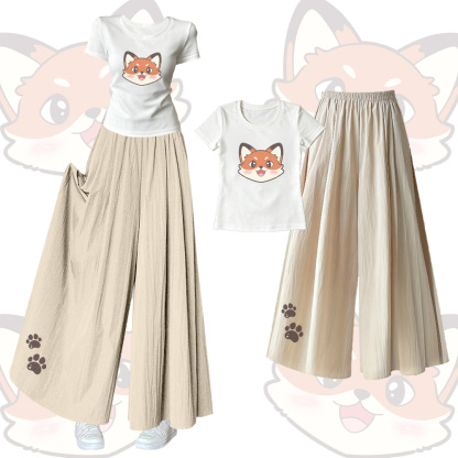 Fox Graphic U-Neck T-shirt Wide Leg Pants Modakawa Matching Outfit - Set A - XL - image 1