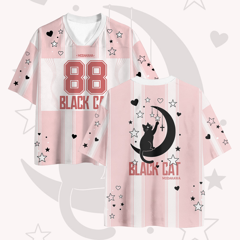 BLACK CAT Moon 88 Number Graphic Modakawa Vintage Mesh Jersey T-shirt - Pink - 4XL - image 1