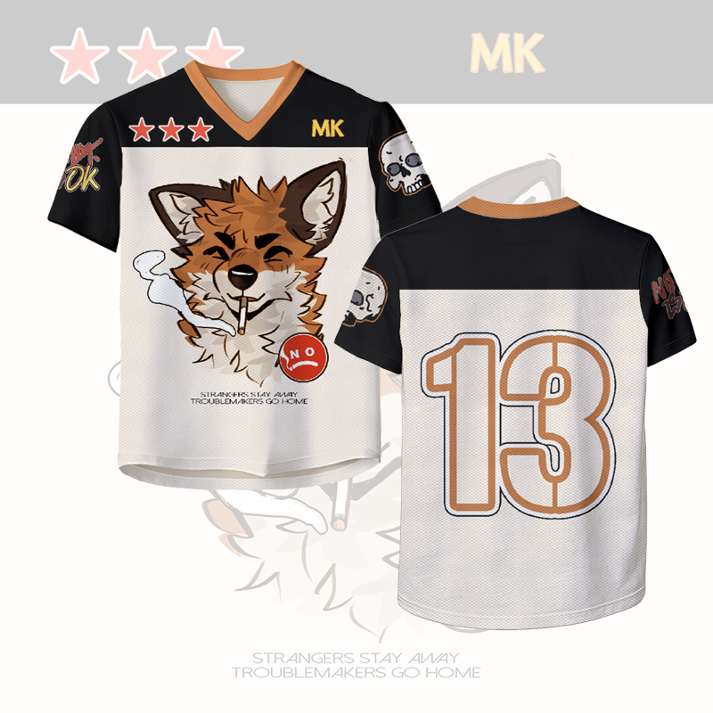 MODAKAWA X atka Smoking Fox Skeleton Number Graphic Vintage Mesh Jersey T-shirt - Black & Beige - 4XL - image 3