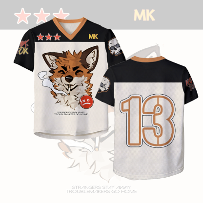 MODAKAWA X atka Smoking Fox Skeleton Number Graphic Vintage Mesh Jersey T-shirt - Black & Beige - 4XL - image 3