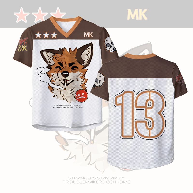 MODAKAWA X atka Smoking Fox Skeleton Number Graphic Vintage Mesh Jersey T-shirt - White & Brown - 4XL - image 1