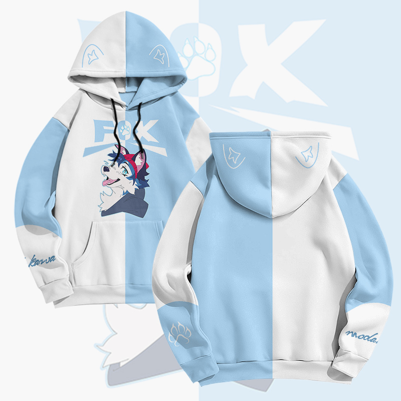 MODAKAWA X pandashk Joyful Fox Graphic Pullover Hoodie - Light Blue & White - 6XL - image 3