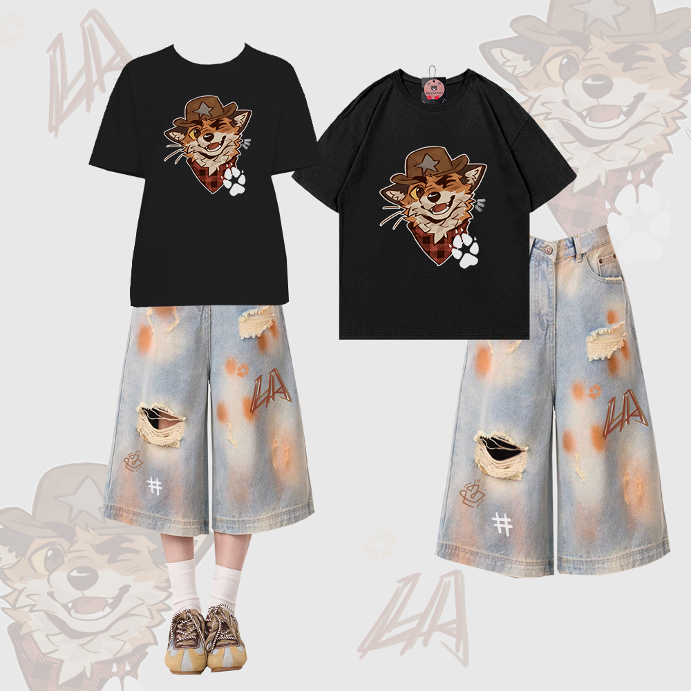 MODAKAWA X atka Fox Graphic 100% Cotton T-shirt Ripped Cropped Denim Jeans Two Pieces Set - Black & Blue - XL - image 2