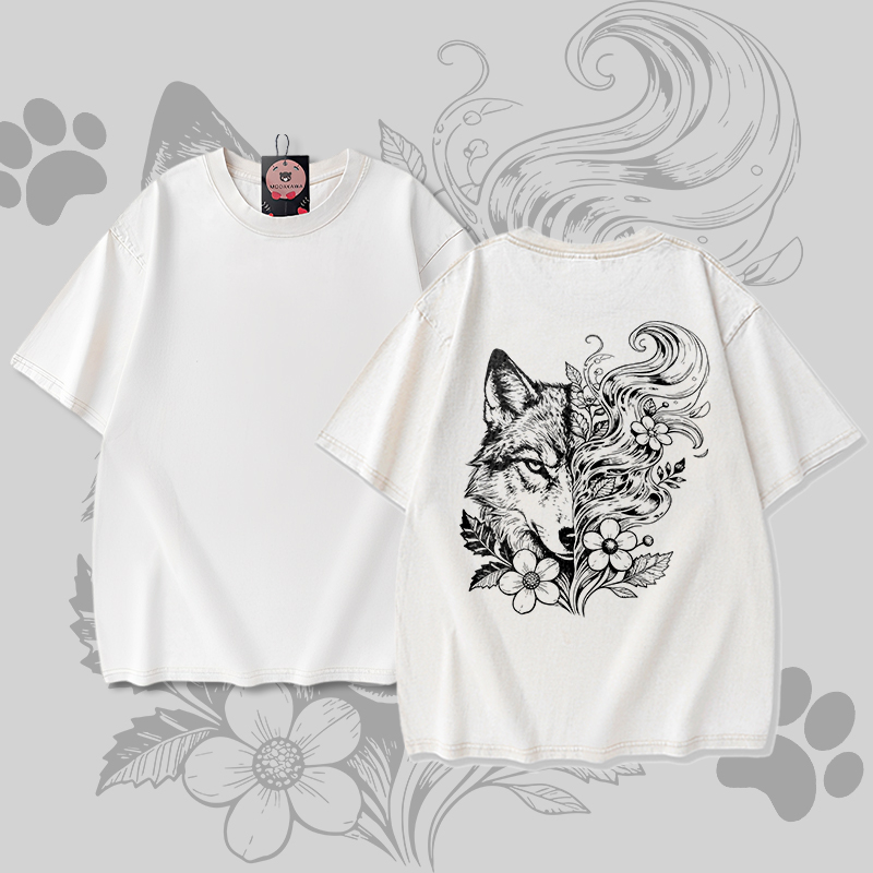 Wolf Floral Graphic Modakawa Unisex Vintage Washed T-shirt - Apricot - 5XL - image 1