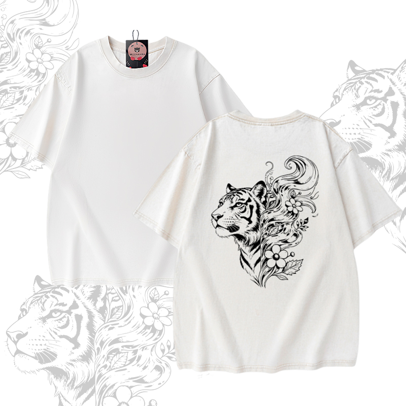 Tiger Floral Graphic Modakawa Unisex Vintage Washed T-shirt - Apricot - 5XL - image 2
