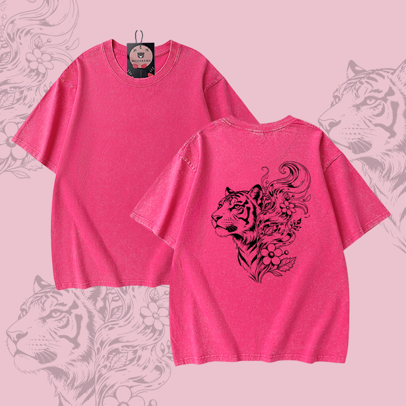 Tiger Floral Graphic Modakawa Unisex Vintage Washed T-shirt - Rose Red - 5XL - image 3