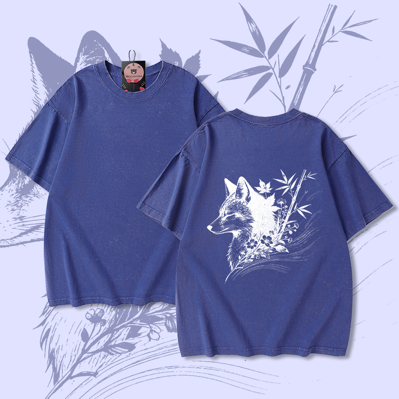 Bamboo Fox Graphic Modakawa Unisex Vintage Washed T-shirt - Blue - 5XL - image 3